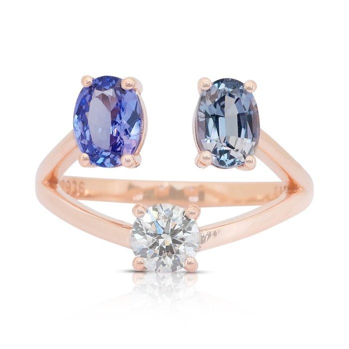 Stylish 2.03ct Tanzanites and Diamond 3-Stone Ring in 18k Rose Gold - IGI Certified