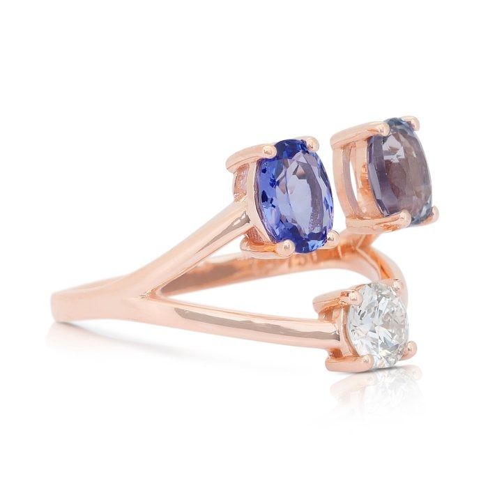 Stylish 2.03ct Tanzanites and Diamond 3-Stone Ring in 18k Rose Gold - IGI Certified