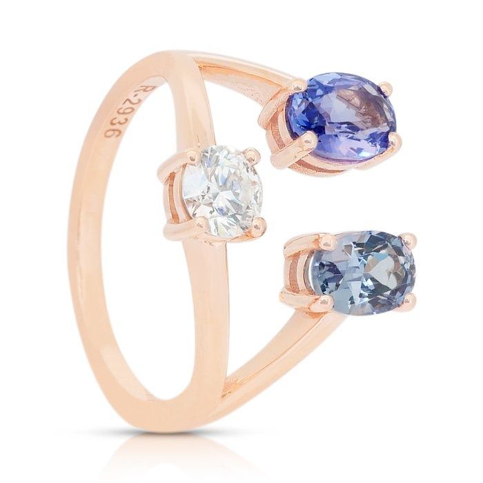 Stylish 2.03ct Tanzanites and Diamond 3-Stone Ring in 18k Rose Gold - IGI Certified