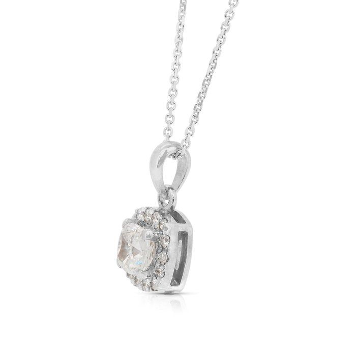 Timeless 0.67ct Diamonds Necklace with Halo Cushion Pendant in 18k White Gold - GIA Certified