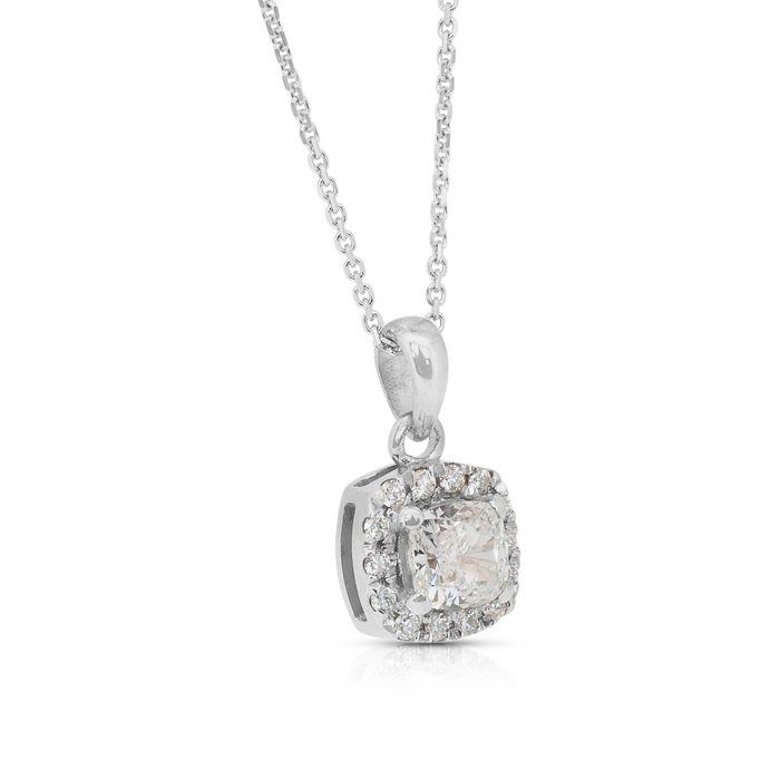 Timeless 0.67ct Diamonds Necklace with Halo Cushion Pendant in 18k White Gold - GIA Certified