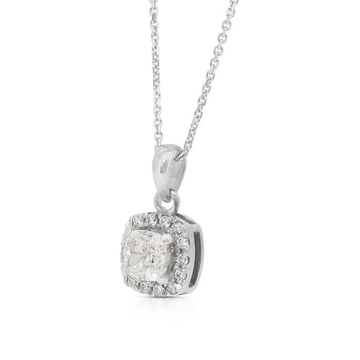 Timeless 0.67ct Diamonds Necklace with Halo Cushion Pendant in 18k White Gold - GIA Certified