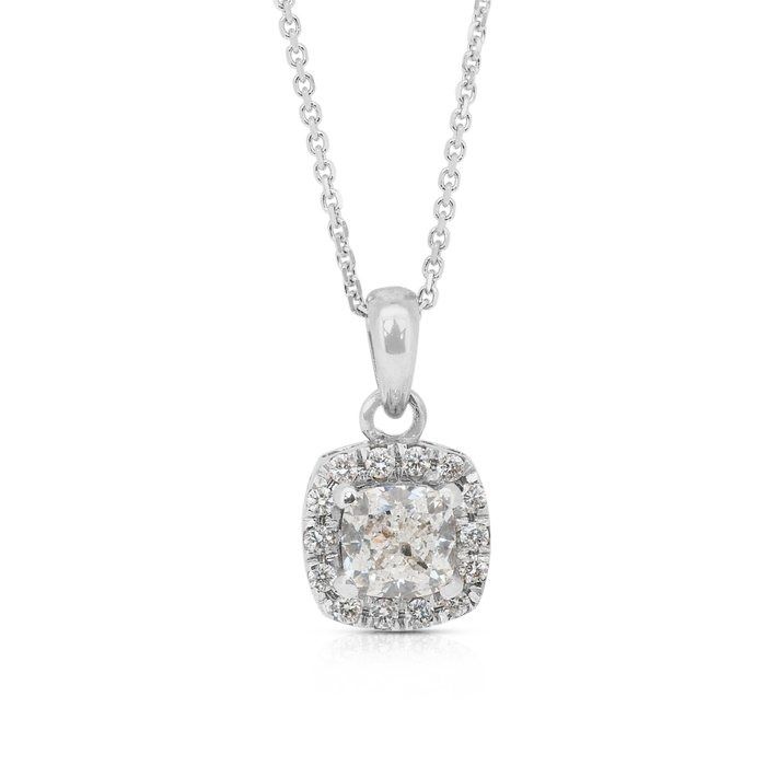 Timeless 0.67ct Diamonds Necklace with Halo Cushion Pendant in 18k White Gold - GIA Certified