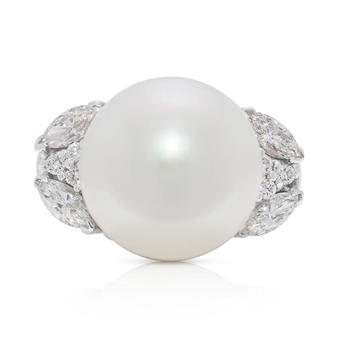 Timeless 13mm South Sea Pearl & 0.86ct Natural Diamond Ring in 18K White Gold