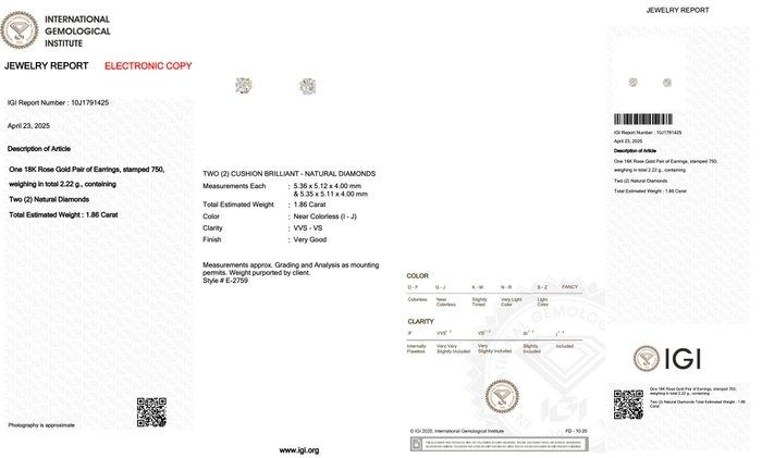 Timeless 1.86ct Diamonds Stud Earrings in 18k Rose Gold - IGI Certified