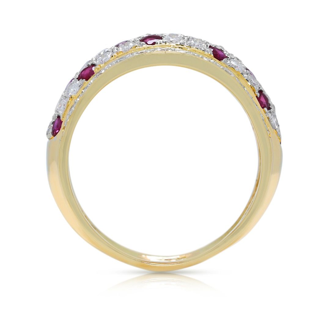 Triple Row 1.36ct Ruby & Diamond Ring in 18K Yellow Gold