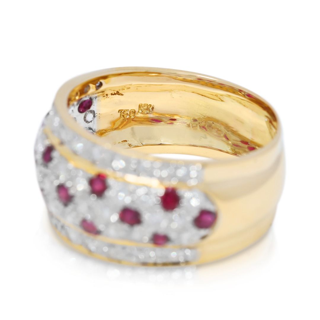 Triple Row 1.36ct Ruby & Diamond Ring in 18K Yellow Gold