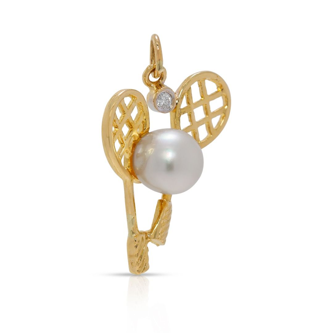 Unique Akoya Pearl & Natural Diamond 18K Yellow Gold Car Design Pendant