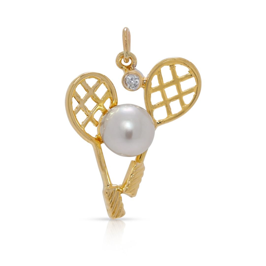 Unique Akoya Pearl & Natural Diamond 18K Yellow Gold Car Design Pendant