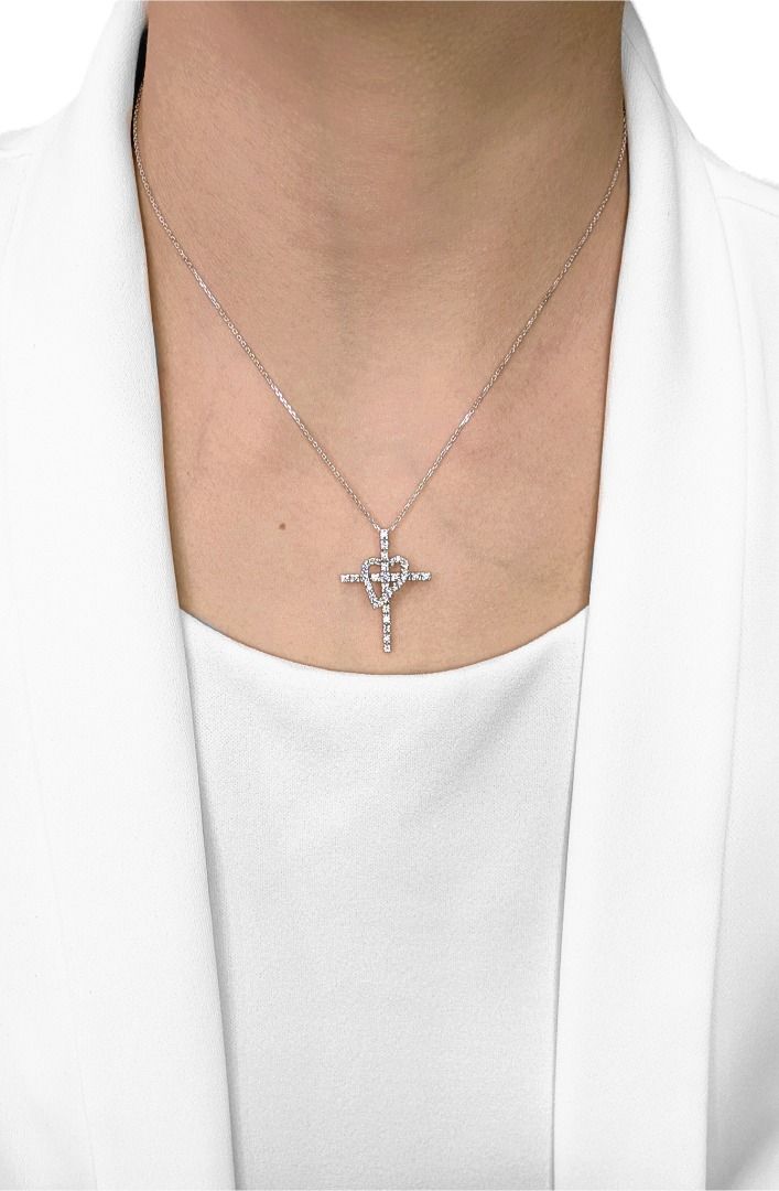 Versatile 0.6ct Heart & Cross Natural Diamond Necklace in 18K White Gold