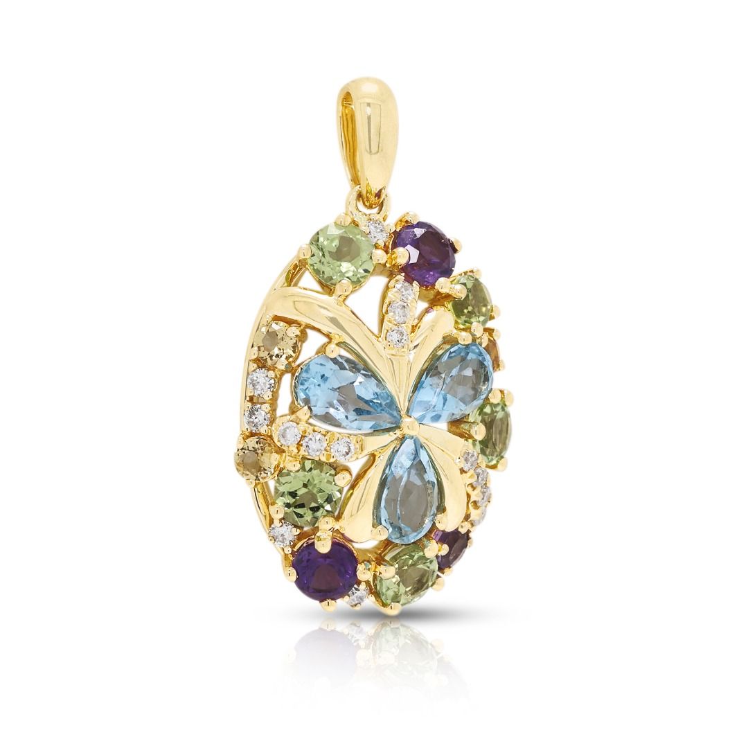 Vibrant 1.38ct Multi-Gem Floral Pendant in 18K Yellow Gold