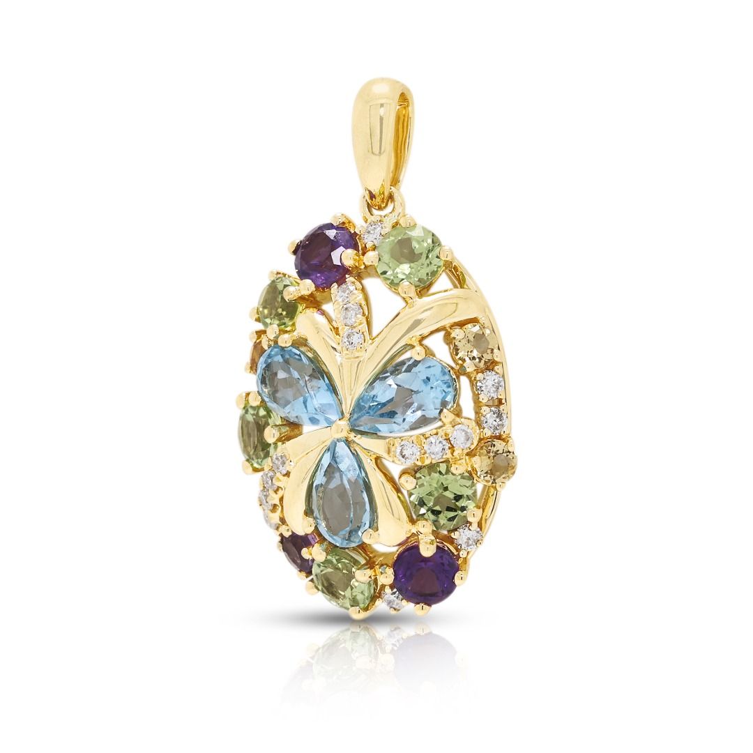 Vibrant 1.38ct Multi-Gem Floral Pendant in 18K Yellow Gold
