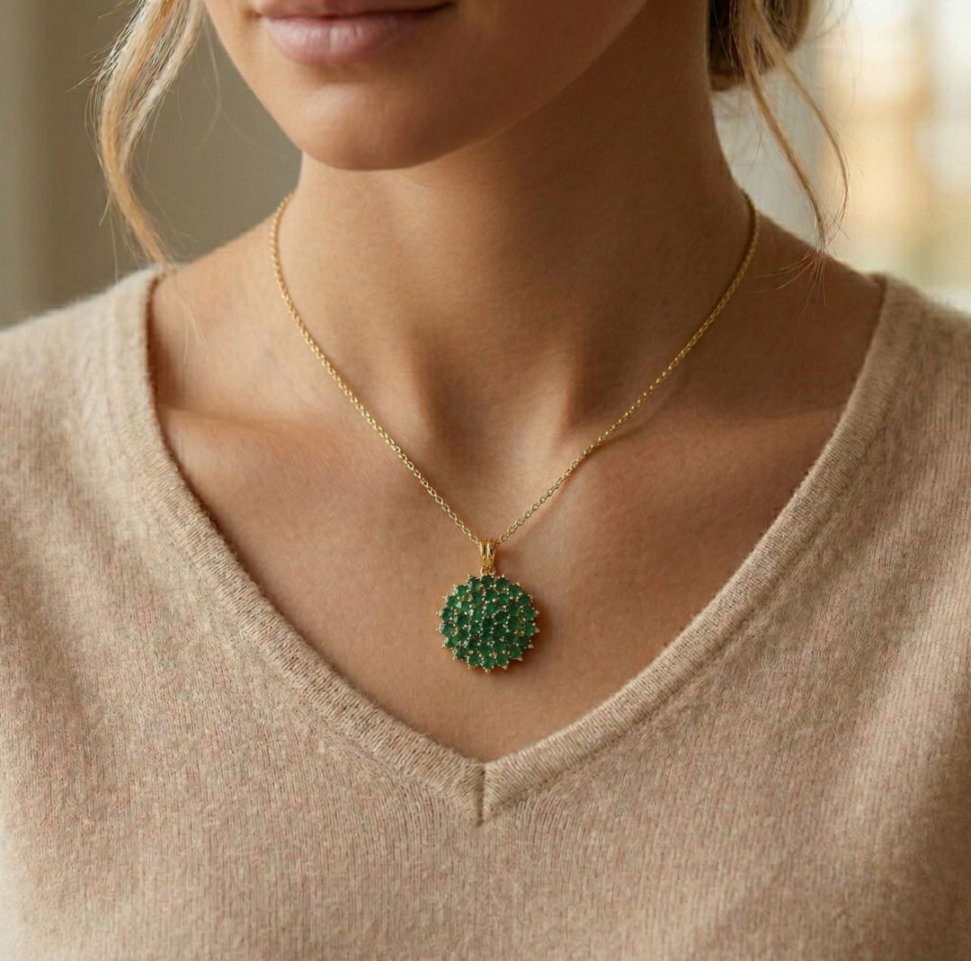 Vibrant 1.85ct Emerald Cluster Pendant in 18K Yellow Gold