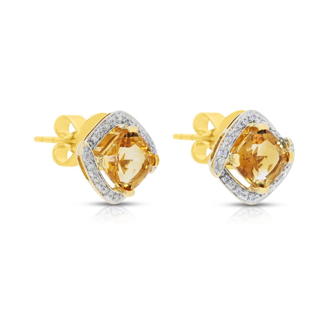 Vibrant 3.13ct Citrine & Diamond Stud Earrings in 18K Yellow Gold