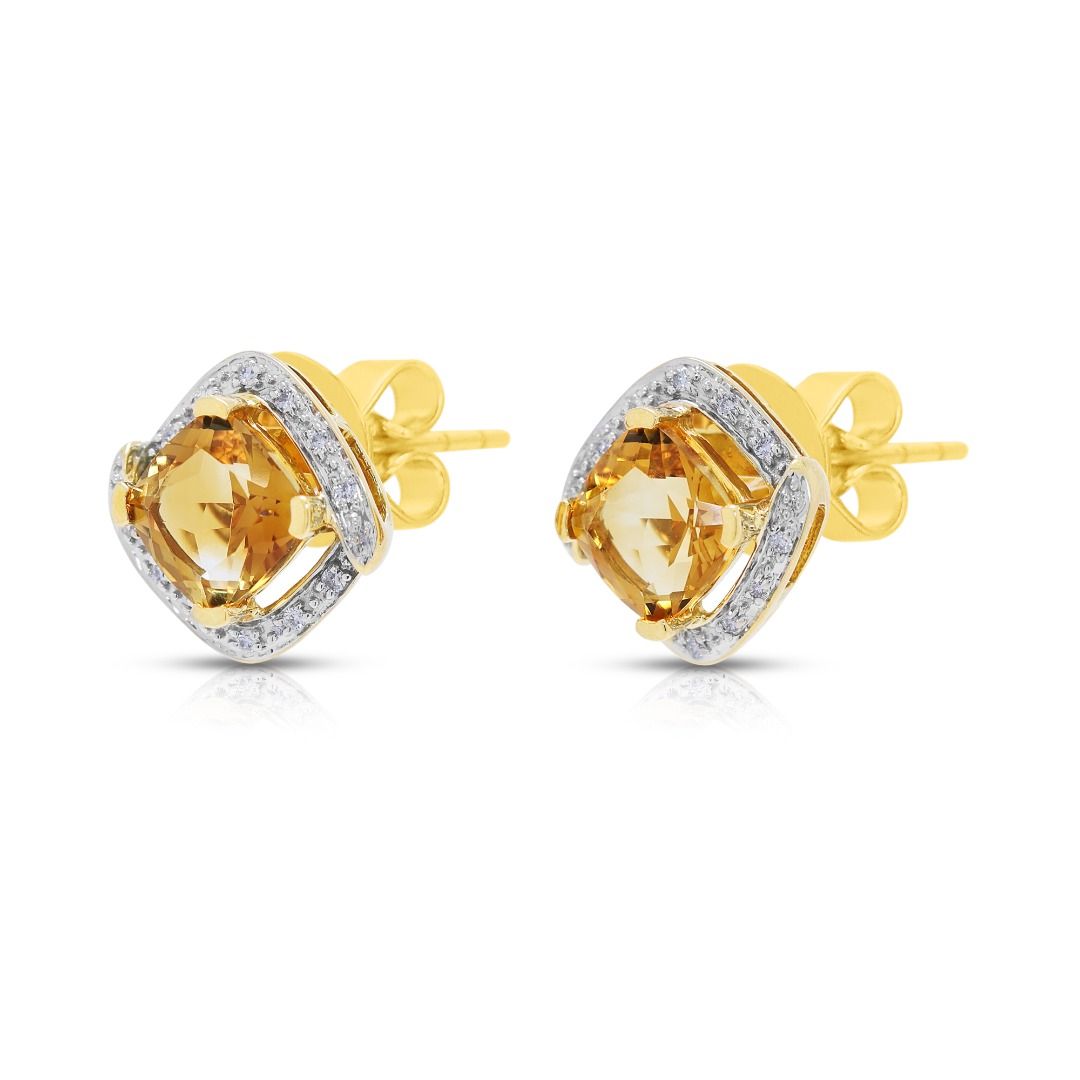 Vibrant 3.13ct Citrine & Diamond Stud Earrings in 18K Yellow Gold
