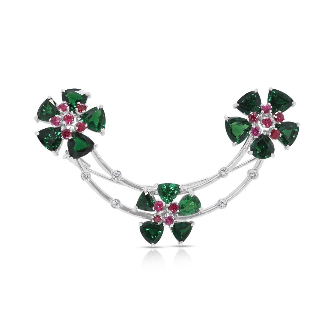 Vibrant 5.12ct Tsavorite and Ruby Floral Garland Brooch in 18k White Gold
