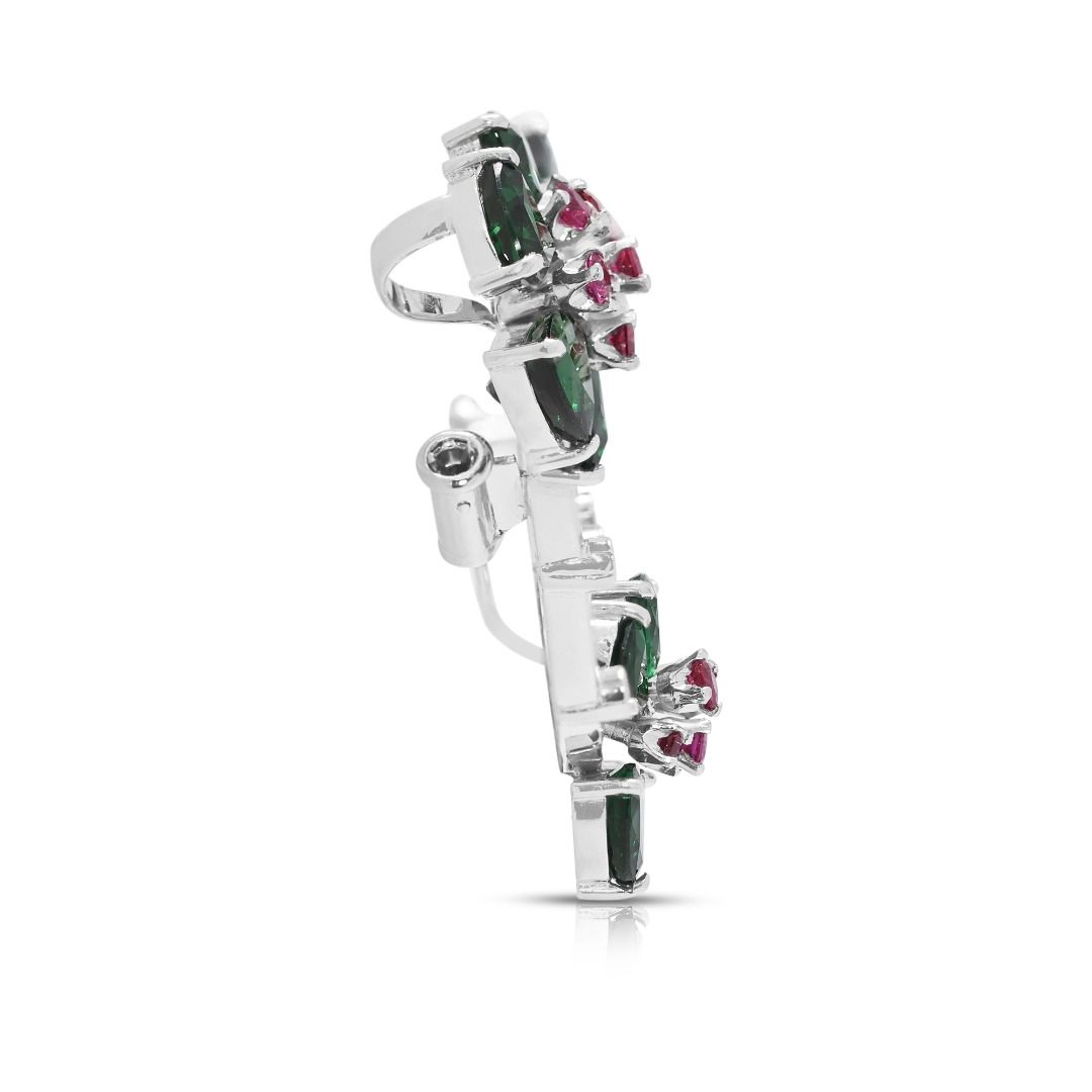 Vibrant 5.12ct Tsavorite and Ruby Floral Garland Brooch in 18k White Gold