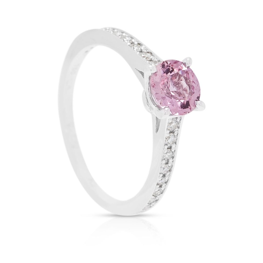 Vivid 0.74ct Padparadscha Sapphire & 0.18ct Diamond Pave Ring in 18K White Gold - GIA Certified