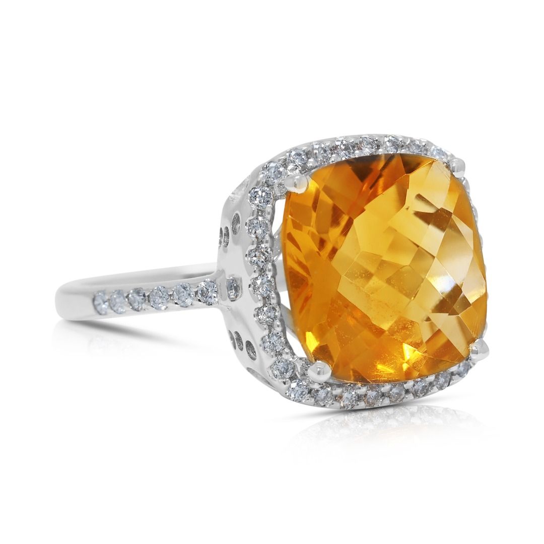 Vivid 5.24ct Citrine & Diamond Pave Halo Ring in 18K White Gold (New-Unworn)