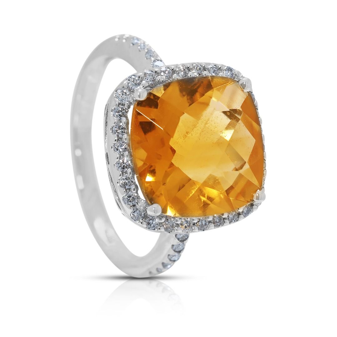 Vivid 5.24ct Citrine & Diamond Pave Halo Ring in 18K White Gold (New-Unworn)