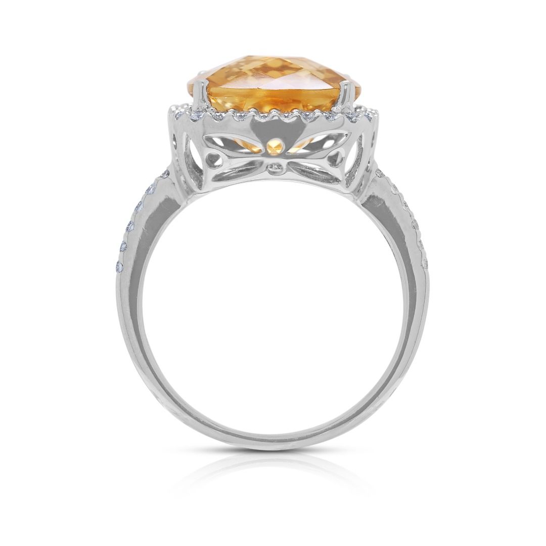 Vivid 5.24ct Citrine & Diamond Pave Halo Ring in 18K White Gold (New-Unworn)