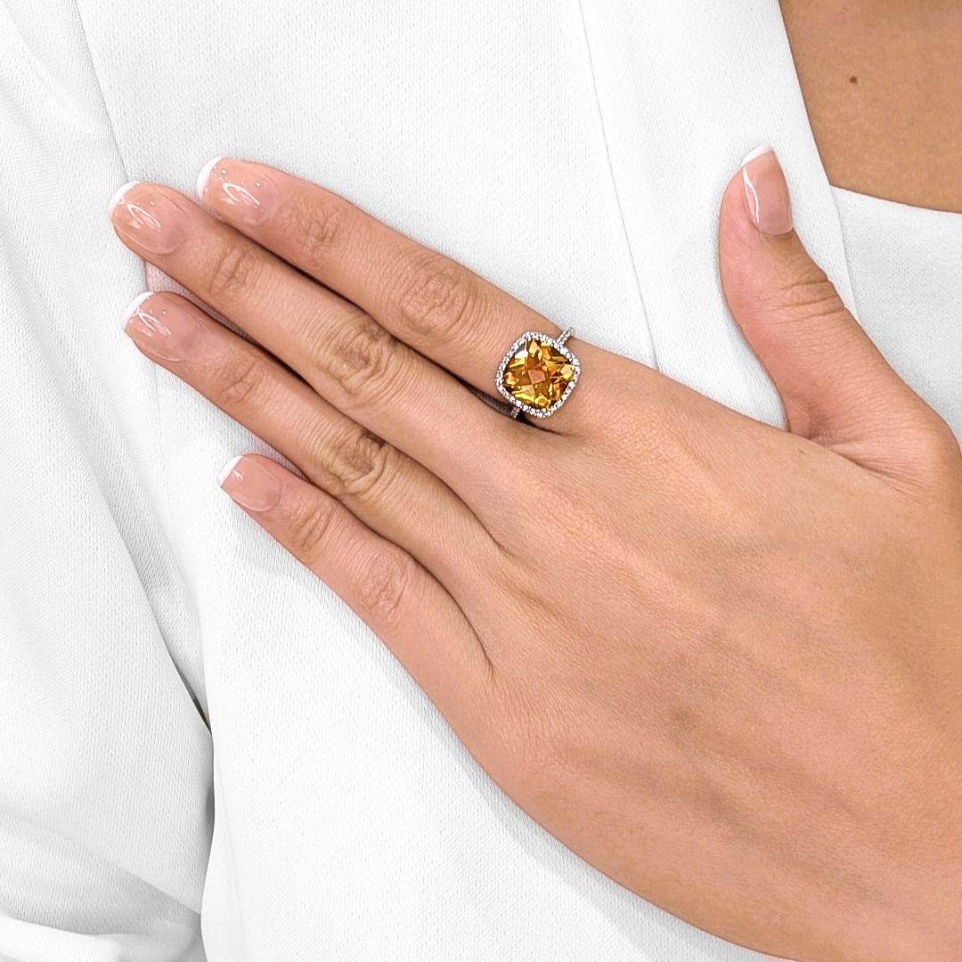 Vivid 5.24ct Citrine & Diamond Pave Halo Ring in 18K White Gold (New-Unworn)