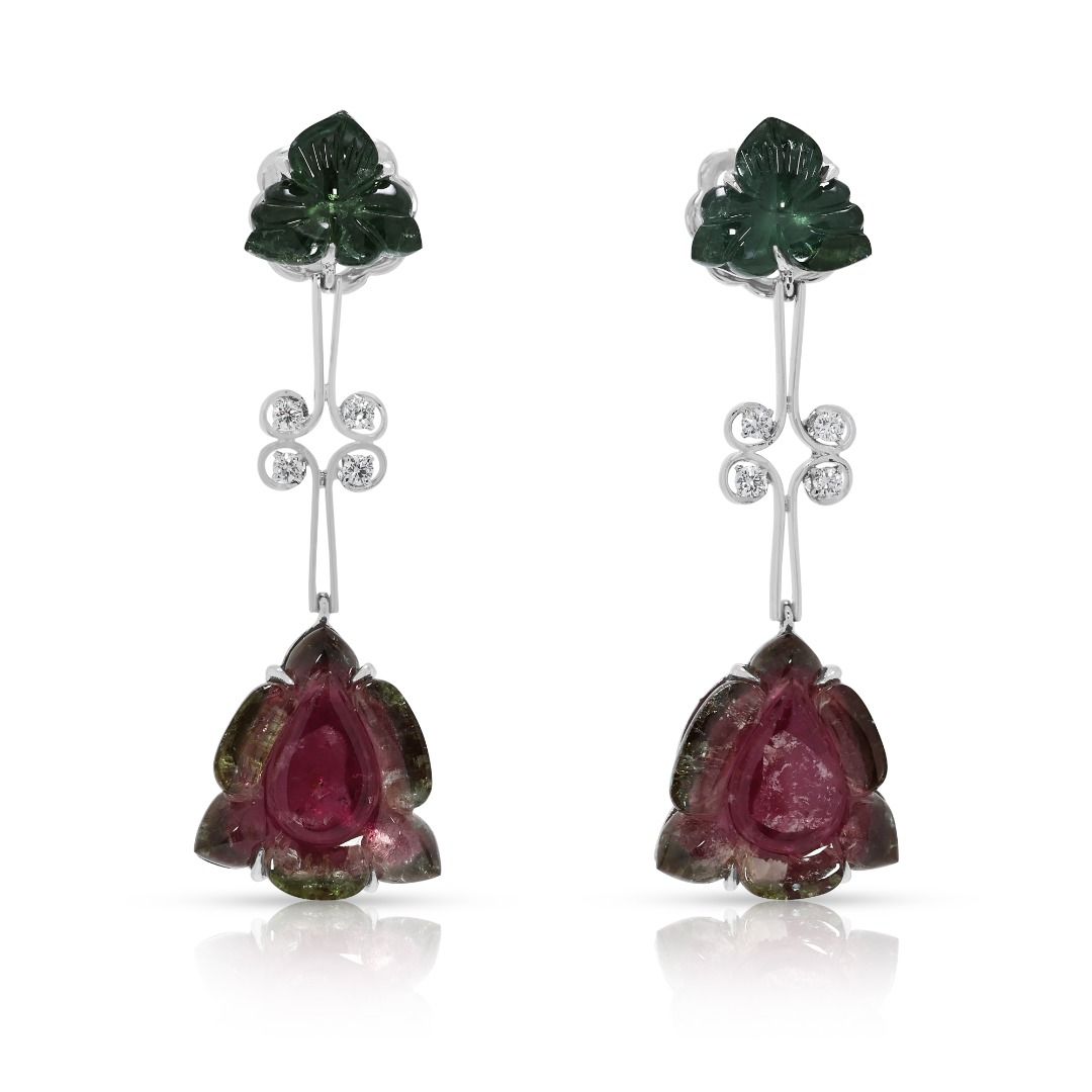 Whimsical 0.16ct Diamond & Watermelon Tourmaline Earrings in 18K White Gold