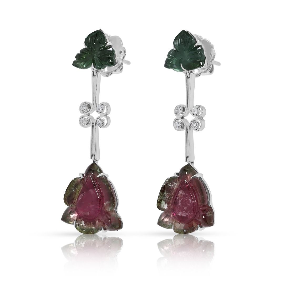 Whimsical 0.16ct Diamond & Watermelon Tourmaline Earrings in 18K White Gold