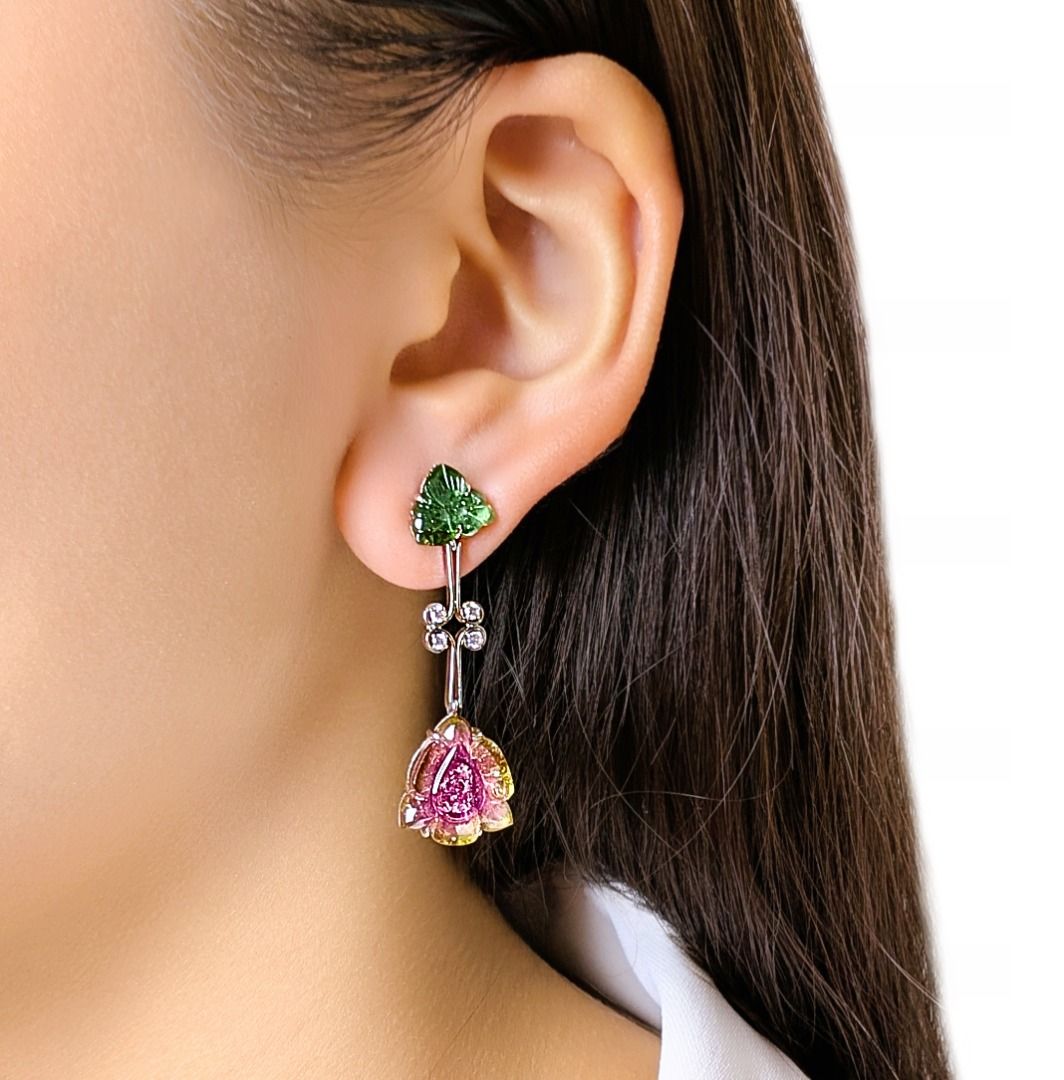 Whimsical 0.16ct Diamond & Watermelon Tourmaline Earrings in 18K White Gold