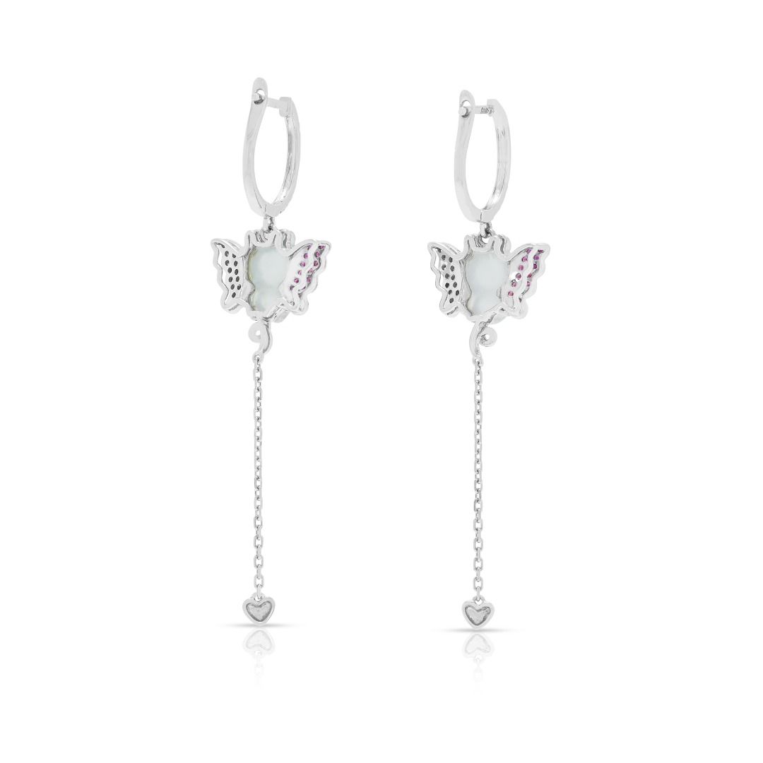 Whimsical 0.24ct Diamond, Jade & Sapphire Dangling Earrings in 18K White Gold