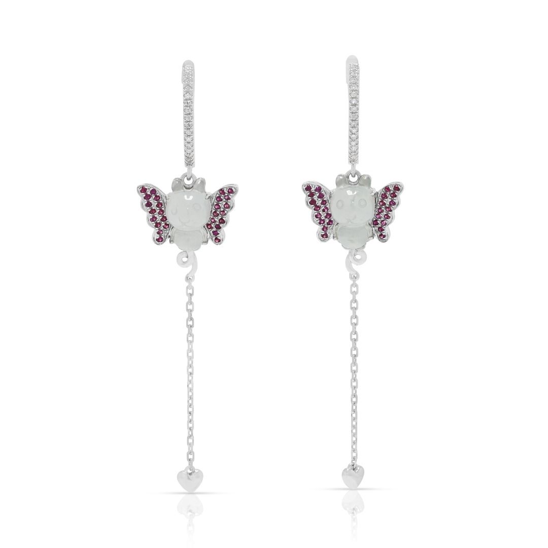 Whimsical 0.24ct Diamond, Jade & Sapphire Dangling Earrings in 18K White Gold