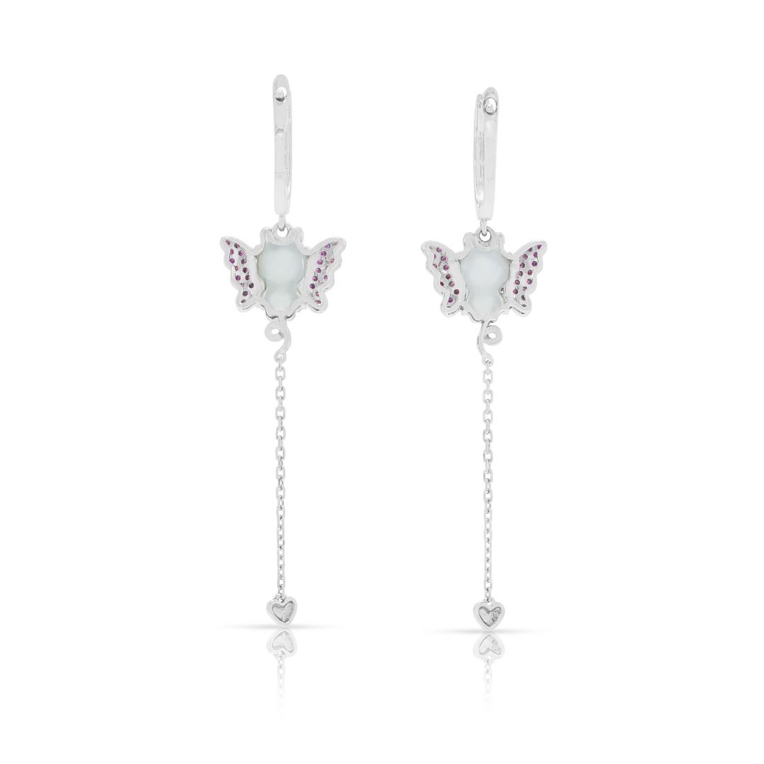 Whimsical 0.24ct Diamond, Jade & Sapphire Dangling Earrings in 18K White Gold