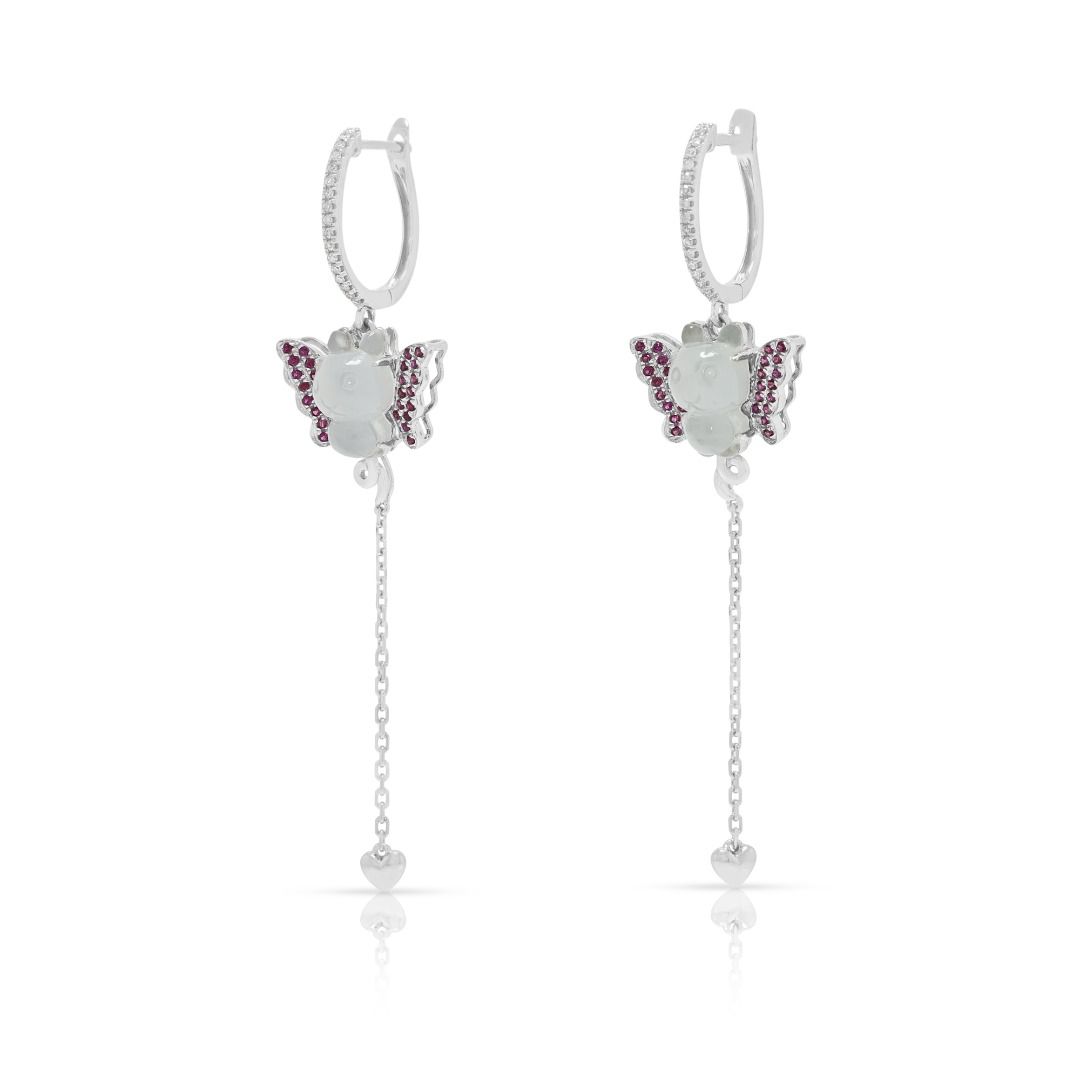 Whimsical 0.24ct Diamond, Jade & Sapphire Dangling Earrings in 18K White Gold