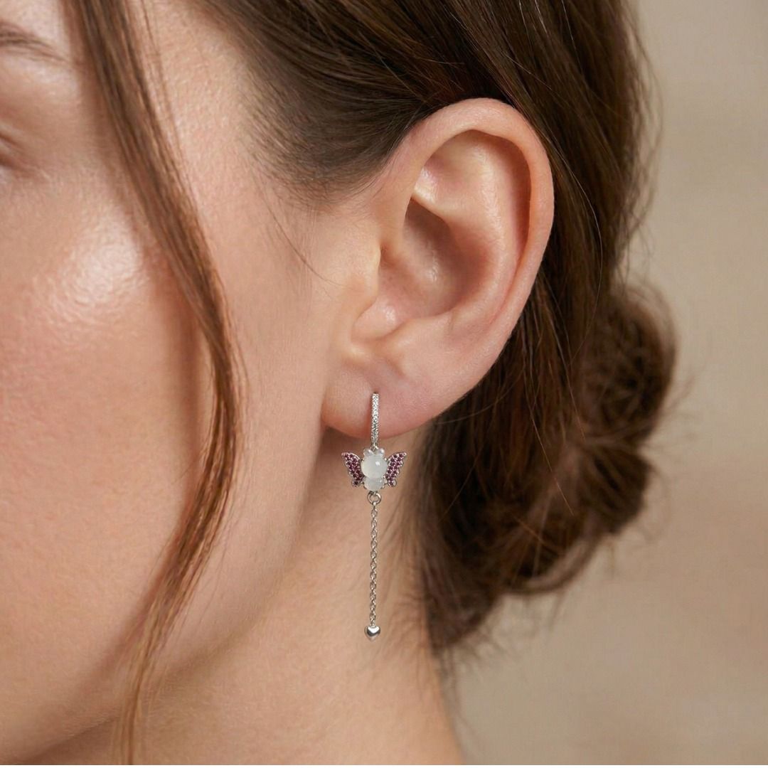 Whimsical 0.24ct Diamond, Jade & Sapphire Dangling Earrings in 18K White Gold