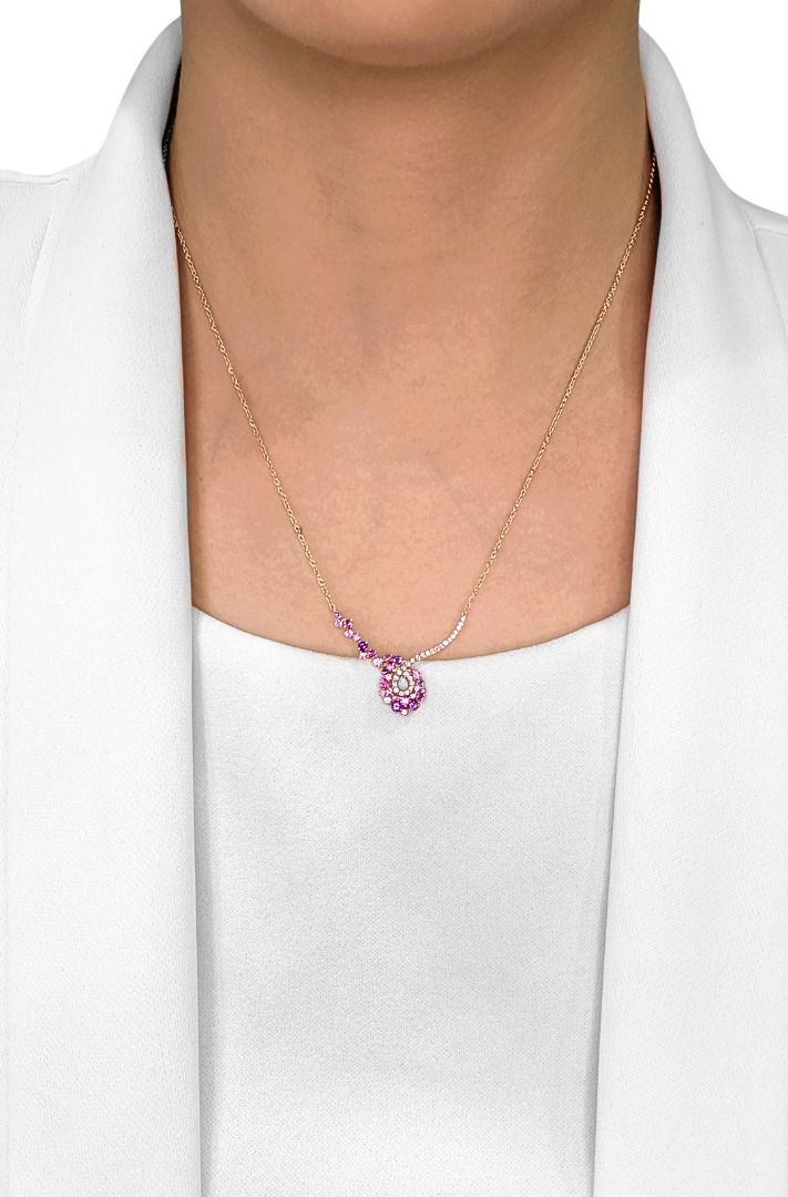 Whimsical 0.80ct Sapphire, Amethyst, and Diamond 18k Rose Gold Necklace by Poh Heng