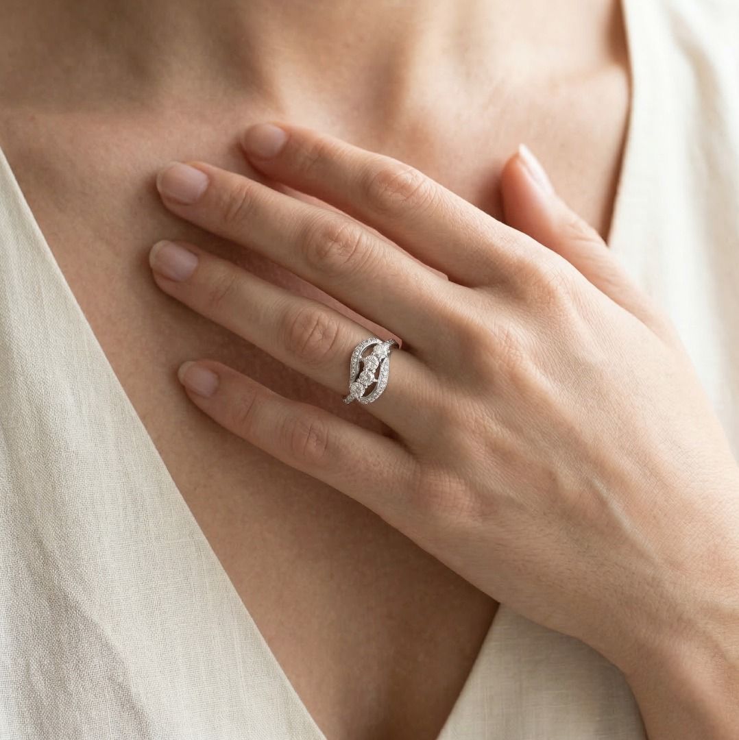 Whimsical 1.08ct Natural Diamond Swirl Statement Ring in 14K White Gold