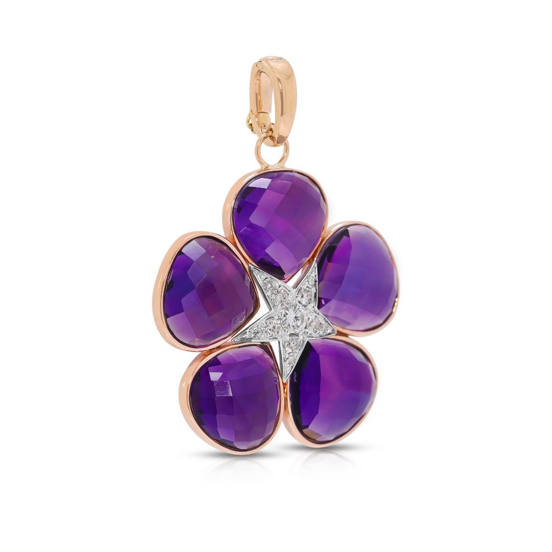 Whimsical 5.25ct Rose-Cut Amethyst and Diamond Floral Pendant in 18k Rose Gold
