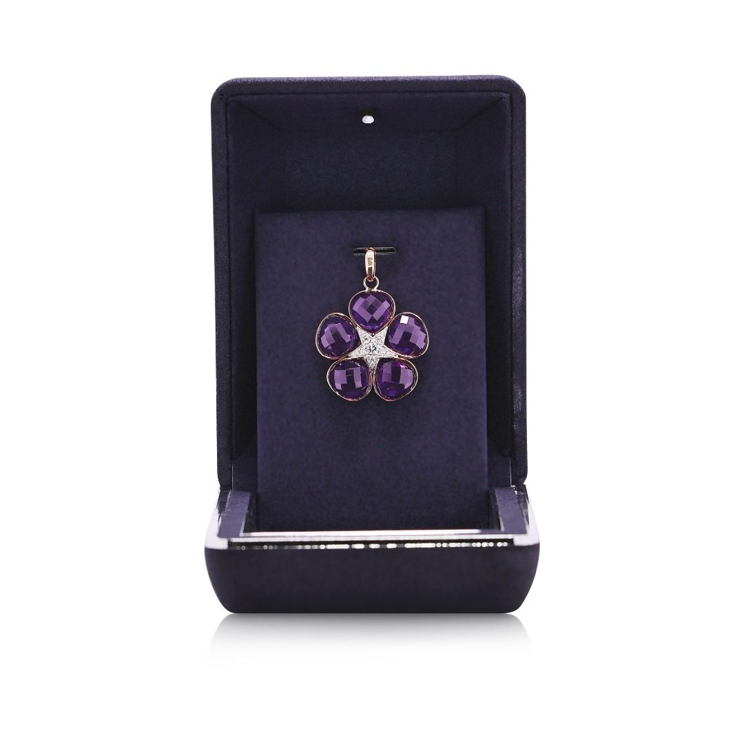Whimsical 5.25ct Rose-Cut Amethyst and Diamond Floral Pendant in 18k Rose Gold
