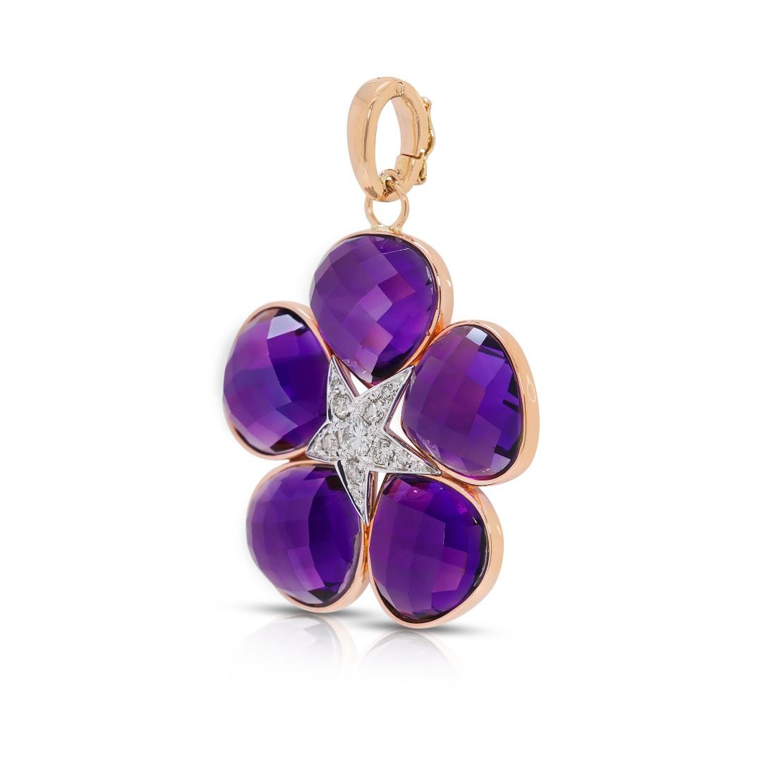 Whimsical 5.25ct Rose-Cut Amethyst and Diamond Floral Pendant in 18k Rose Gold