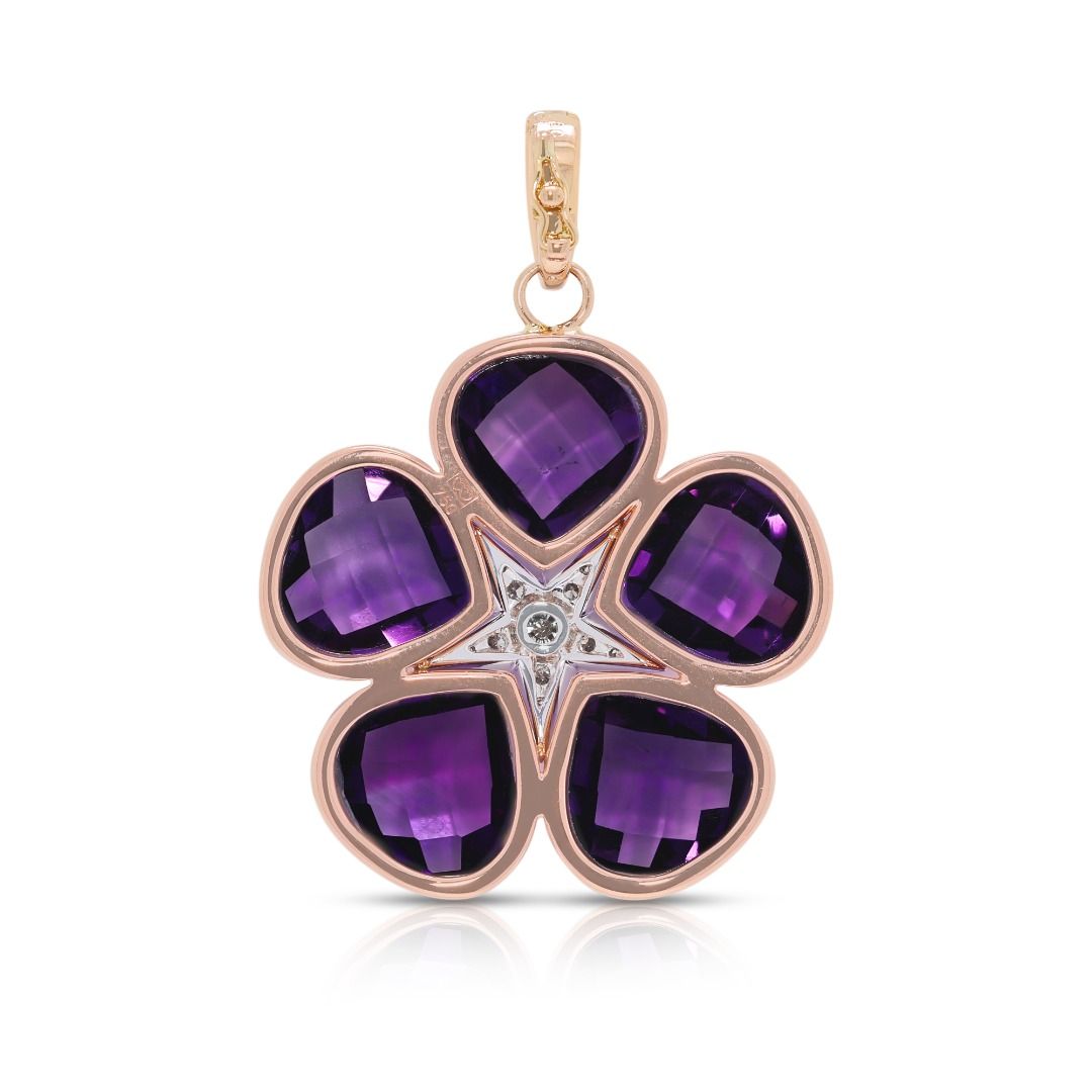 Whimsical 5.25ct Rose-Cut Amethyst and Diamond Floral Pendant in 18k Rose Gold