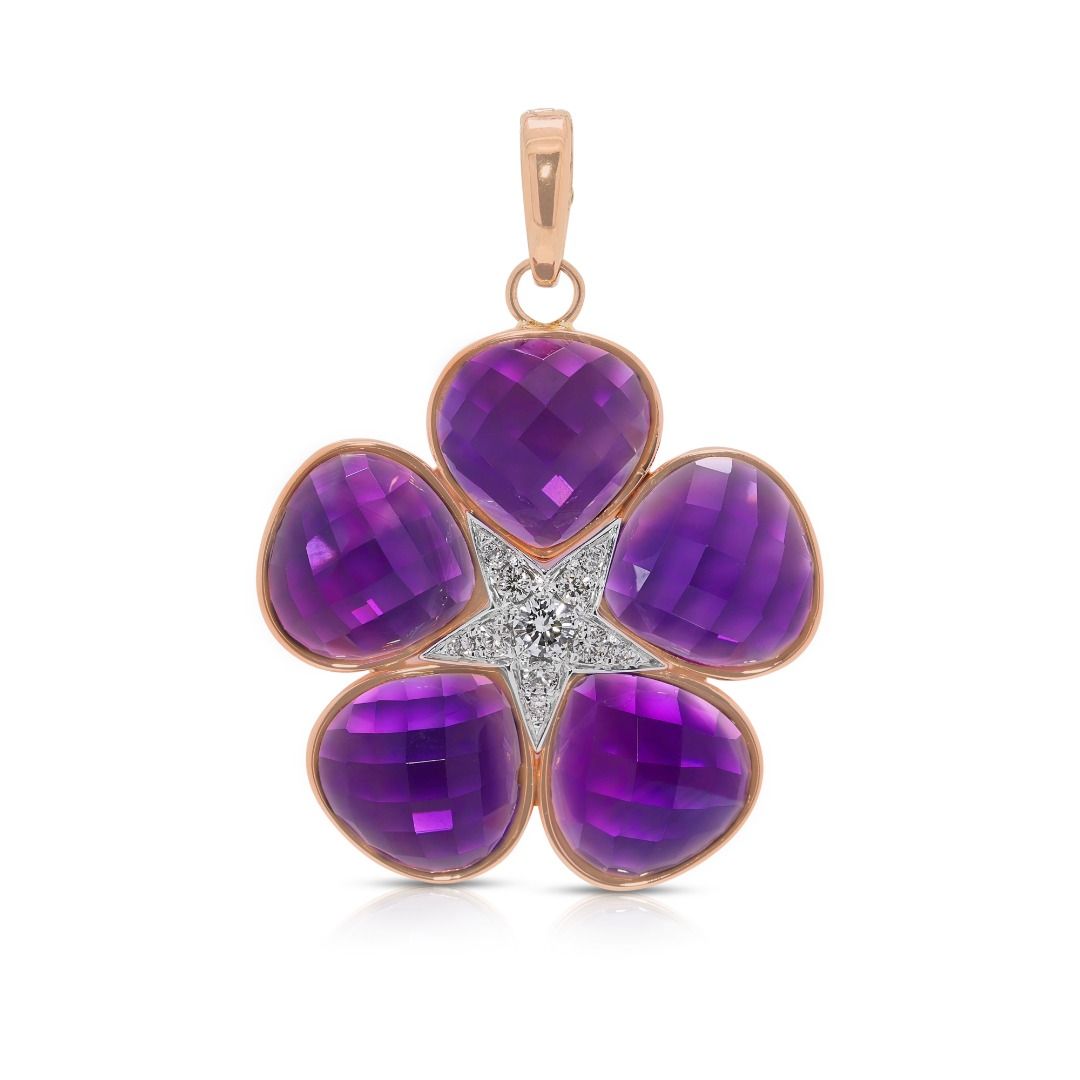 Whimsical 5.25ct Rose-Cut Amethyst and Diamond Floral Pendant in 18k Rose Gold