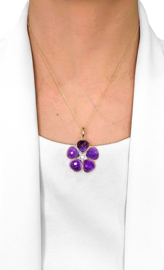 Whimsical 5.25ct Rose-Cut Amethyst and Diamond Floral Pendant in 18k Rose Gold