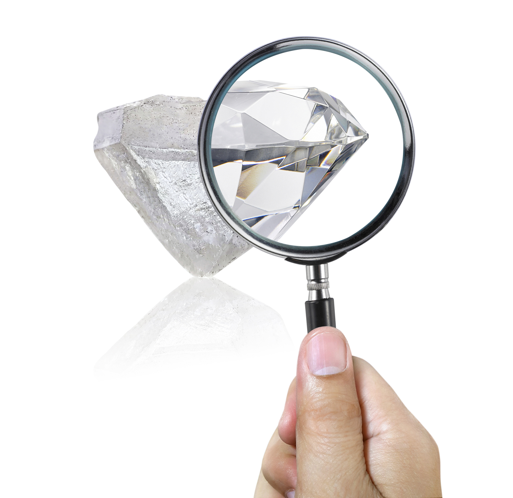 An expert examines through a magnifying glass. Searching For Value, diamond